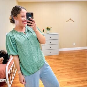 Anthropologie Current Air Green Jacquard Blouse Medium